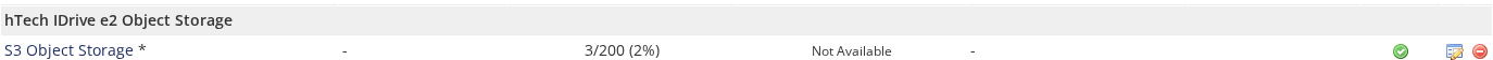 A live hTech IDrive e2 Object Storage server entry, active, in the WHMCS Servers list