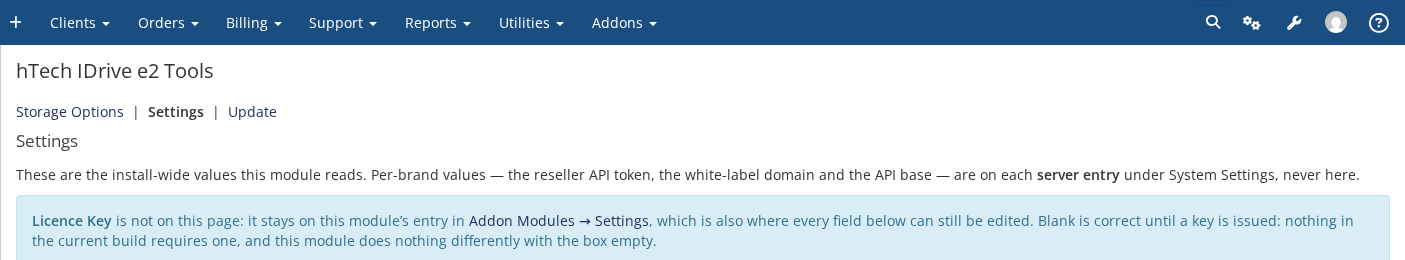 hTech IDrive e2 Tools Settings page noting that the Licence Key field lives on WHMCS's own Addon Modules configuration screen