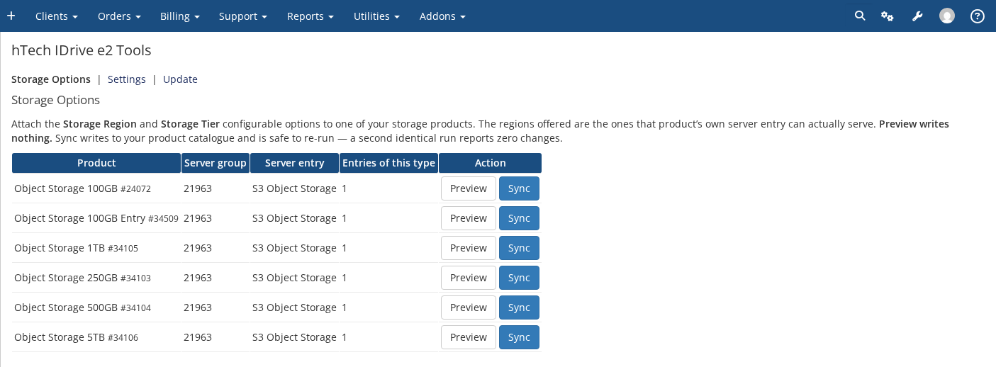 The Storage Options page listing several storage products, each with a Preview and a Sync button