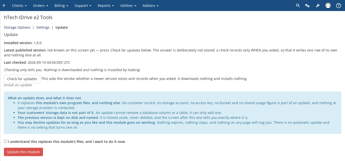 The Update page, showing the installed version, when it was last checked, and a Check for updates button