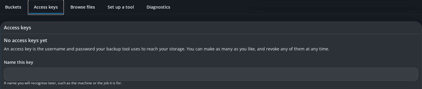The Access keys tab, showing no keys yet and a form to name and create a new one