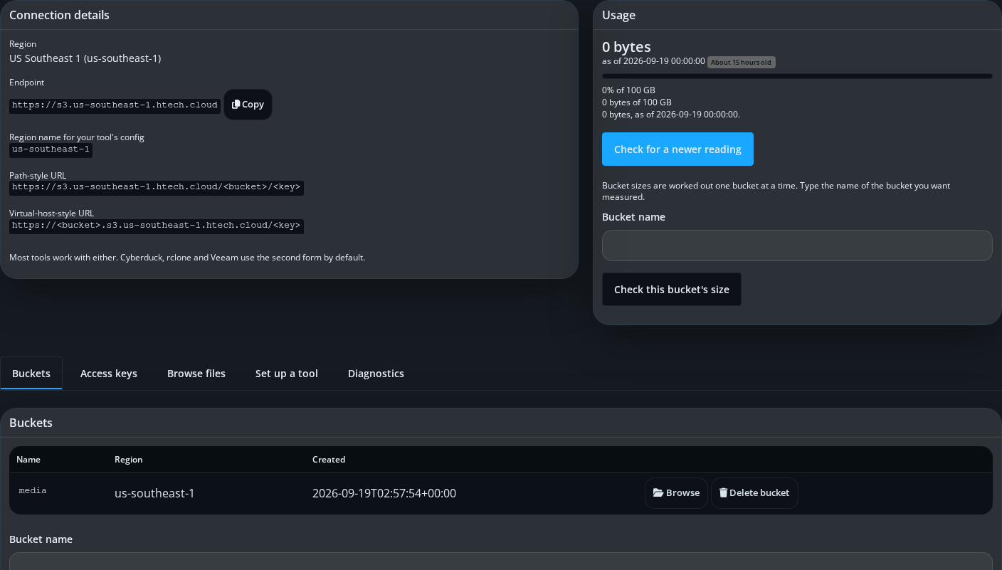 The Buckets tab, listing one bucket with its region and creation date, and a form to create a new one