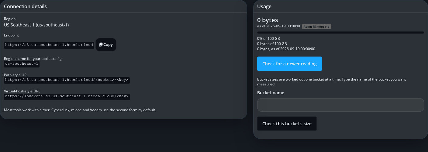 The Connection details and Usage panels at the top of a customer's storage service page