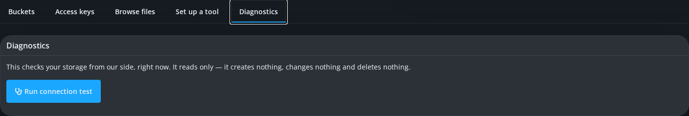The Diagnostics tab, offering a read-only connection test