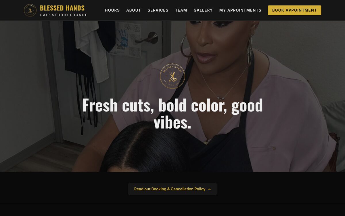 Screenshot of the Blessed Hands Hair Studio Lounge website built by hTech