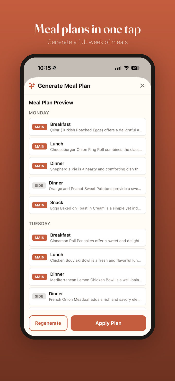 Generate a full week of meals in one tap